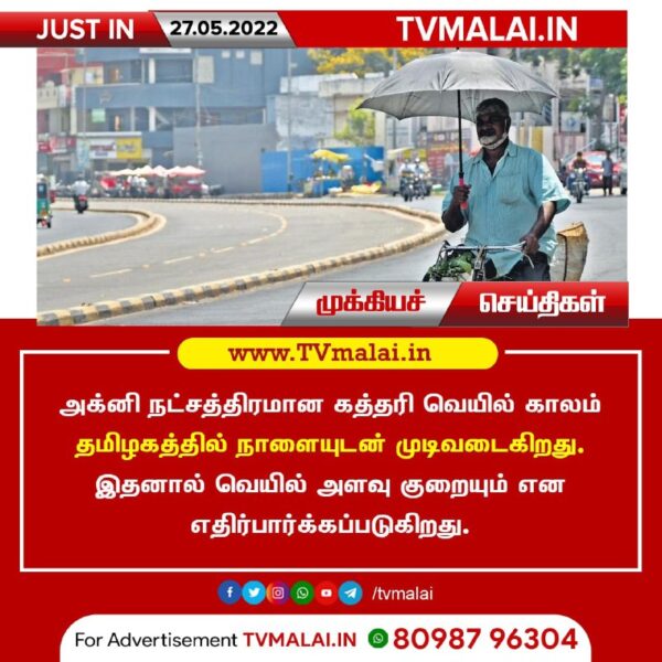 அக்னி நட்சத்திரமான கத்தரி வெயில் காலம் தமிழகத்தில் நாளையுடன் முடிவடைகிறது!