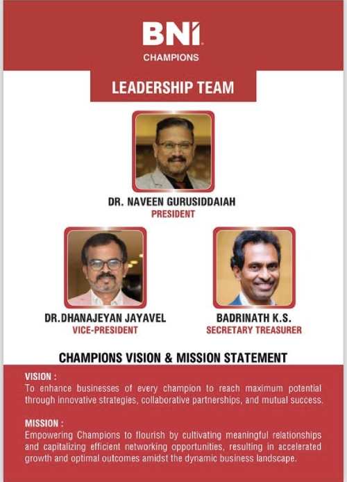 BNI Champions Bangalore Unveils New Leadership Team for 2024