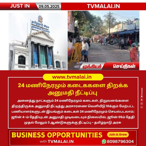 24 மணிநேரமும் கடைககளை திறக்க அனுமதி நீட்டிப்பு! 24 மணிநேரமும் கடைககளை திறக்க அனுமதி நீட்டிப்பு!