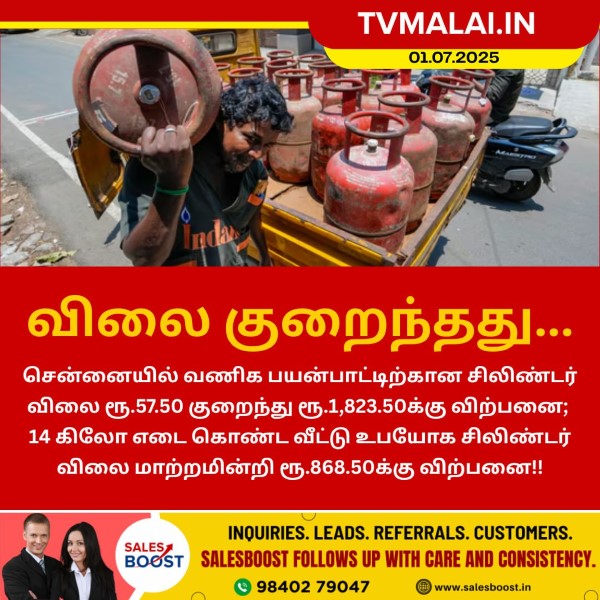 வணிக பயன்பாட்டிற்கான சிலிண்டர் விலை குறைப்பு!