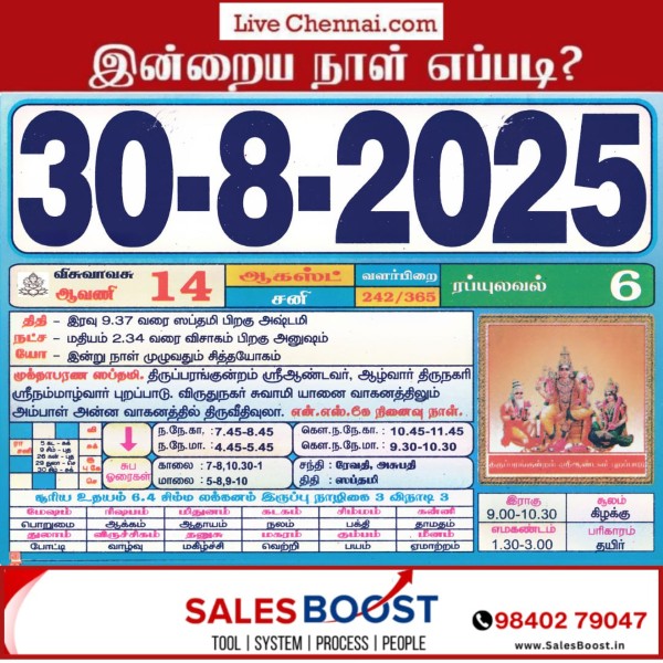 Auspicious (Nalla Neram) time today (Aug 30th)